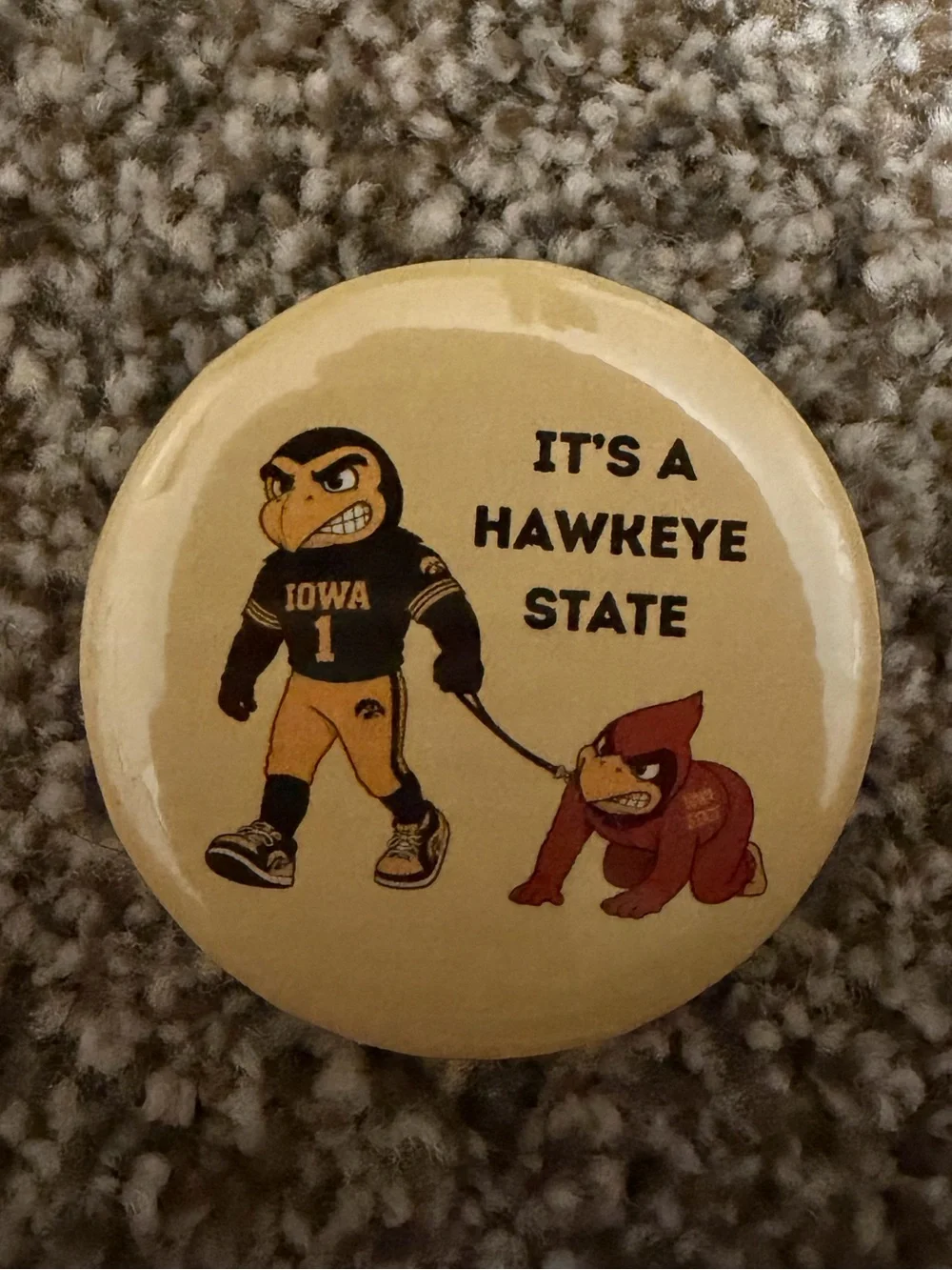 Iowa Hawkeye Button Pin - Yellow Background